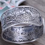 Vintage Handmade Engraved Designs Flower Sterling Silver Cuff Bracelet(058233)