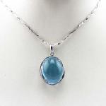 Women Fashion Oval Dome Blue Topaz Cubic Zircon Pendant 925 Silver Chain