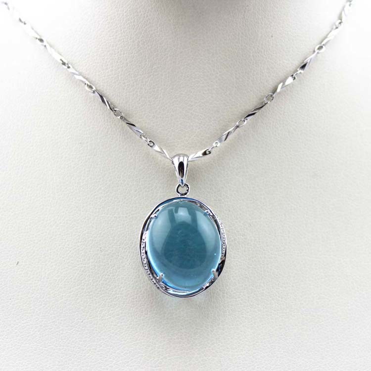 Women Fashion Oval Dome Blue Topaz Cubic Zircon Pendant 925 Silver Chain Necklace (PSJ0187)