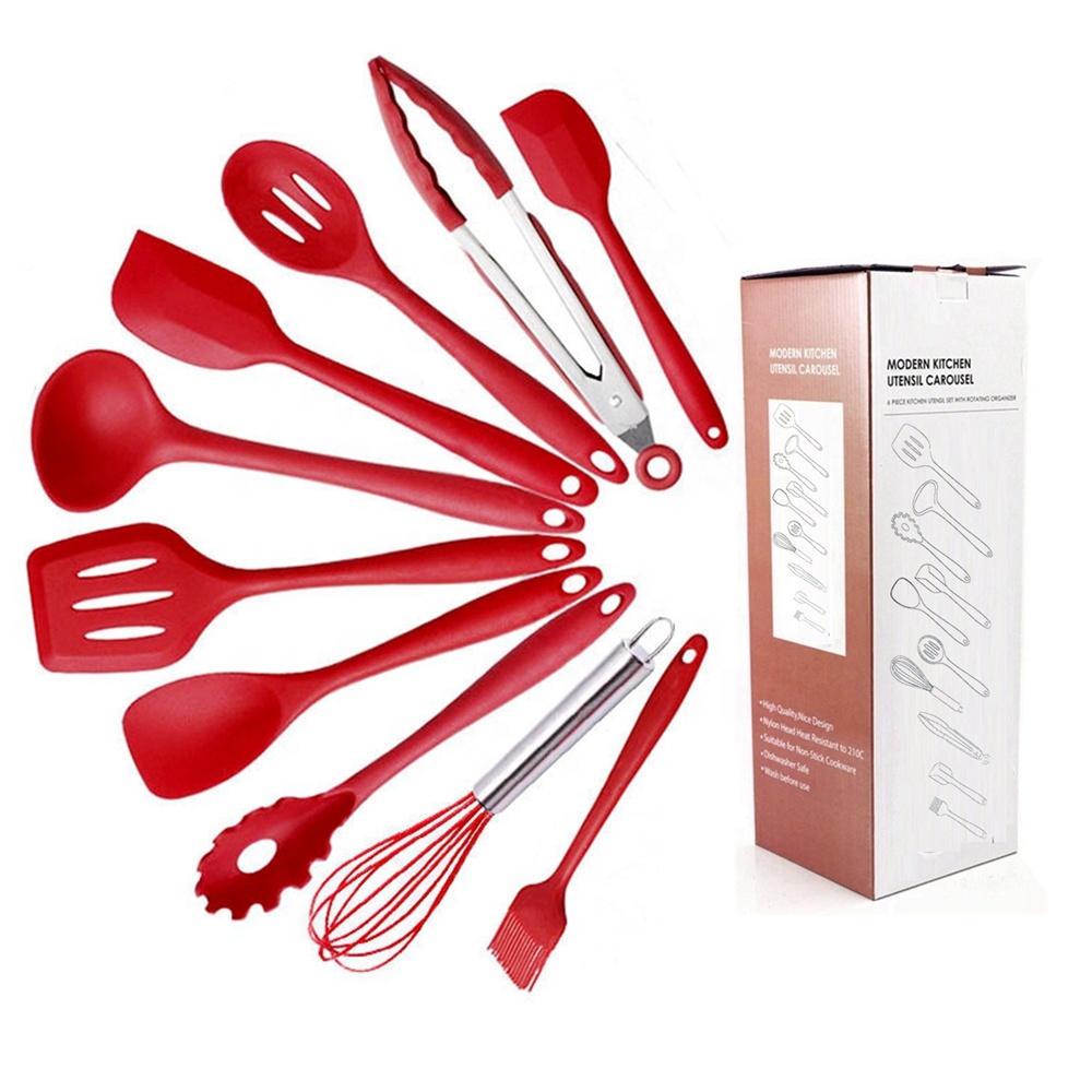 Silk Printing or Debossed Logo 12PCS Silicone Kitchen Utensils Set with Plastic Holder