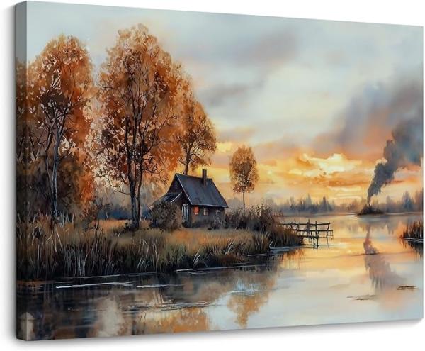 Sunset Wall Art Lakeside Landscape Printed Painting Canvas Painting Artwork For