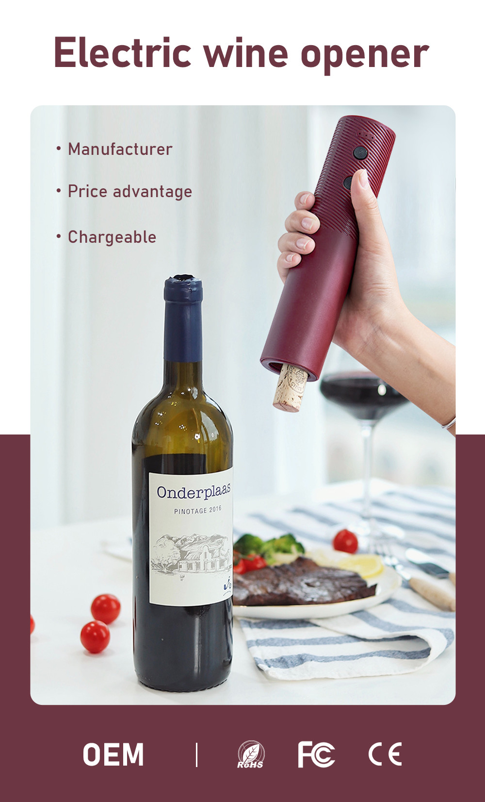 Black Red ABS Rechargeable Electric Bottle Opener 3 Hours Charging Time