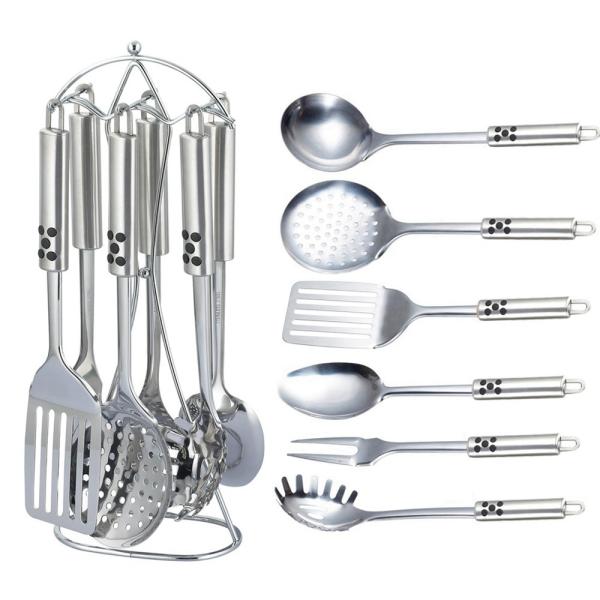 7 Piece Sustainable Utensils Stainless Steel Metal Silicone Kitchen Tool and