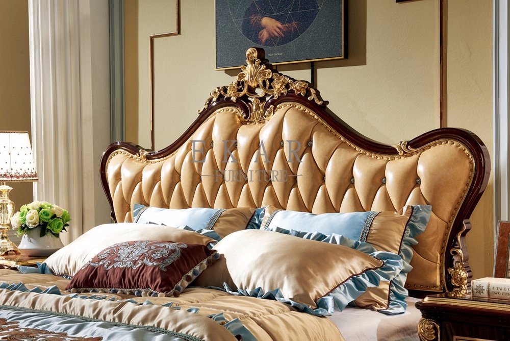 Black painting and gold leaf Solid Wood King Size Royal Wooden Design Leather Bed