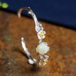 Sterling Silver Natural Jade Culptured Flower Gold Plated Women Bracelet(049924)