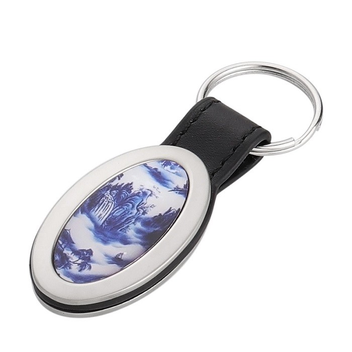 Blank Oval Shape Sublimation Keyring Pendant With leather strap DIY Creative Simple Metal Keychains