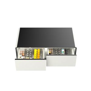 Glass Coffee Table with Fridge Speakers Outlets LED Light and Wireless Music