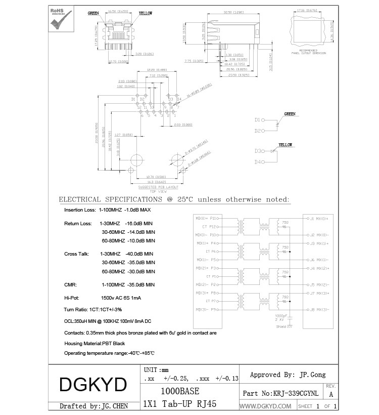 33.0mm 1000BASE 12 Pin CAT6A RJ45 connector with internal magnetics , EMI Fingers
