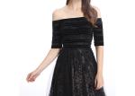 Crystal Beaded Black Evening Dresses , Women Elegant Off Shoulder Evening Dress