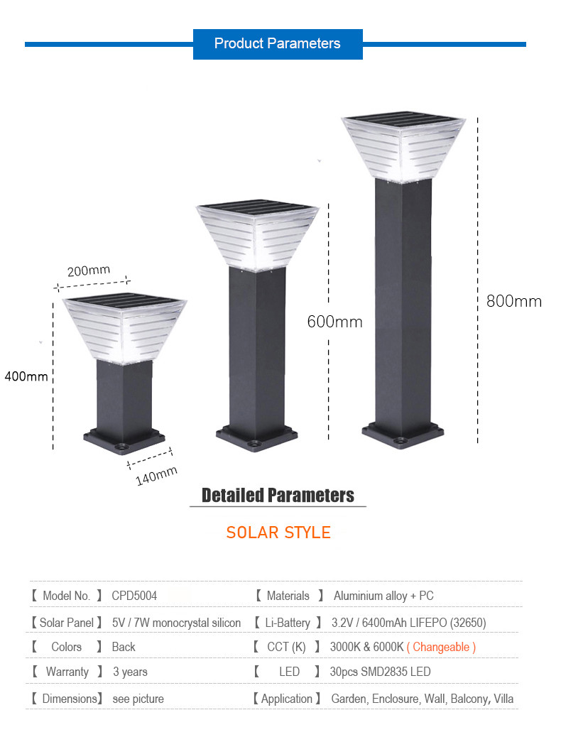Minimalist 7W LED Solar Garden Light Landscape Decoration Bollard LED Lawn Lighting