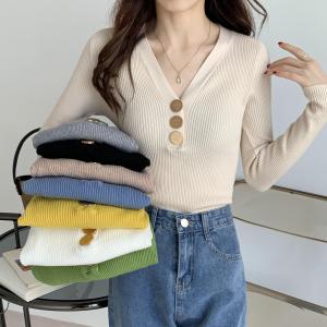 China Ladies Long Sleeve Pullover Deep V Neck Knit Sweater With Buttons factory