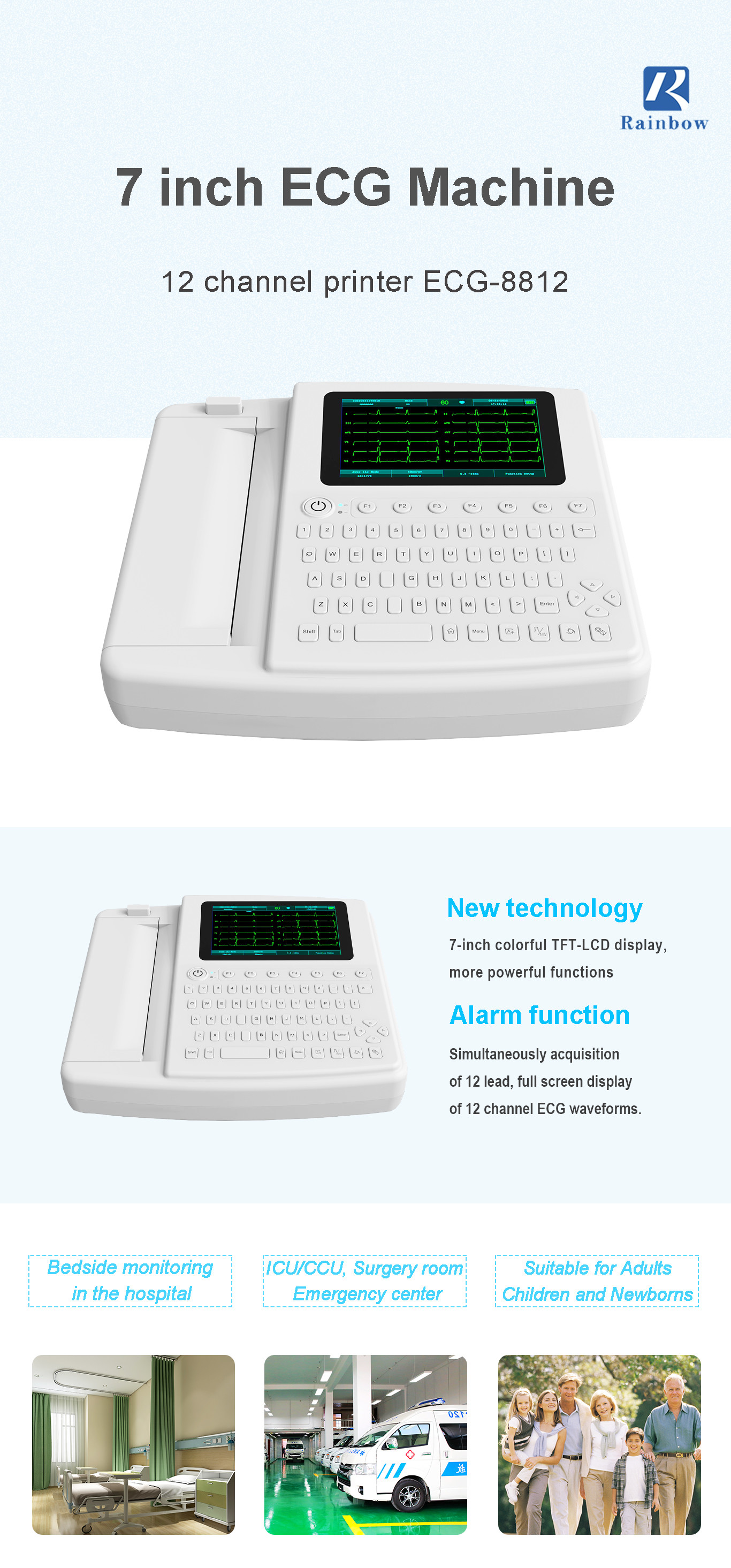 Medical Printer Touch Screen ECG Machine 12 Channel
