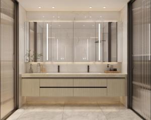 China Wood Grain Durable Stainless Steel Floating Bathroom Vanity With Storage Solution factory