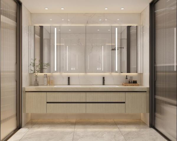Wood Grain Durable Stainless Steel Floating Bathroom Vanity With Storage