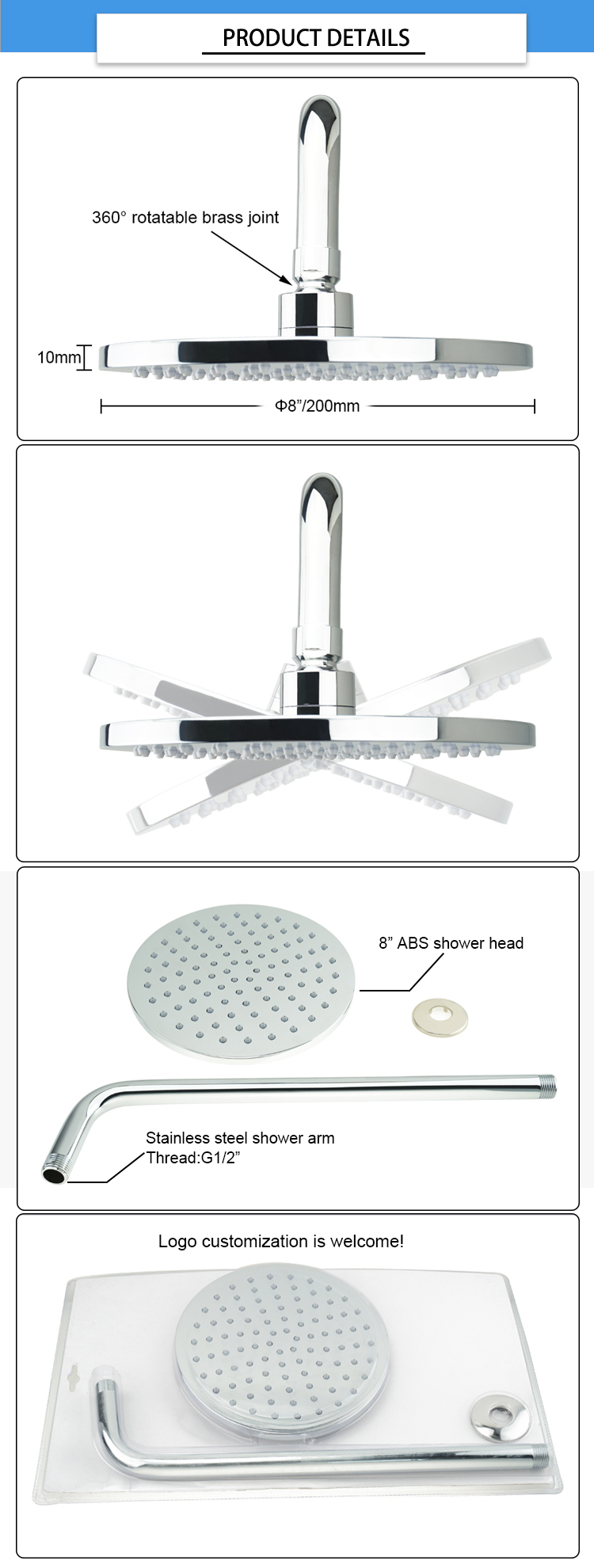 ABS Chrome 0.800kg Dia200mm Bathroom Rain Shower Heads