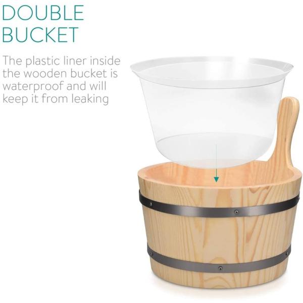 Traditional Sauna Wooden Bucket With Pocket Spa Essential Accessory For Steam Bath Pine Wood Bucket Liner Pocket Plastic Sand Timer