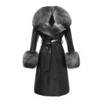 Winter Fox Fur Collar Cuffs Women Long Leather Jacket Black Genuine Sheepskin