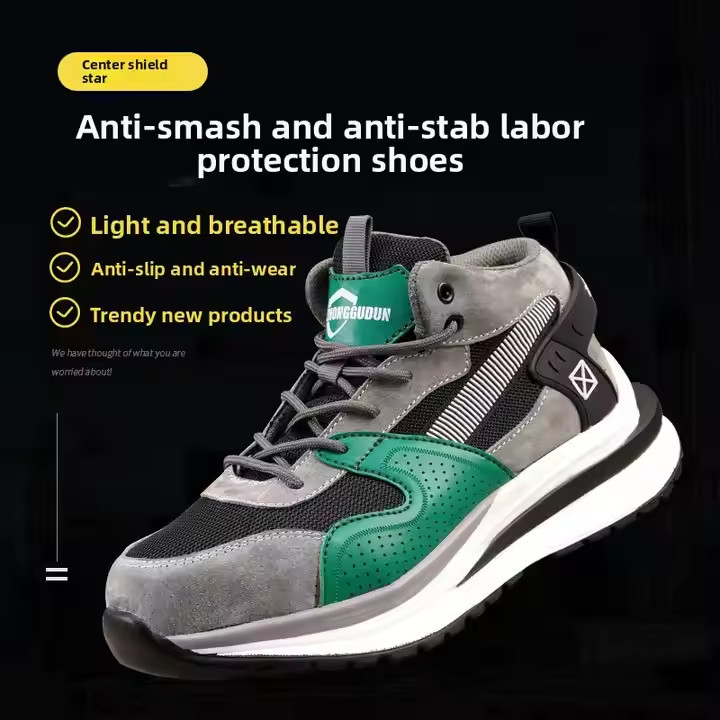 Steel Toe Mid-cut Pigskin And Flying Knit Safety Boots For OEM Security Work