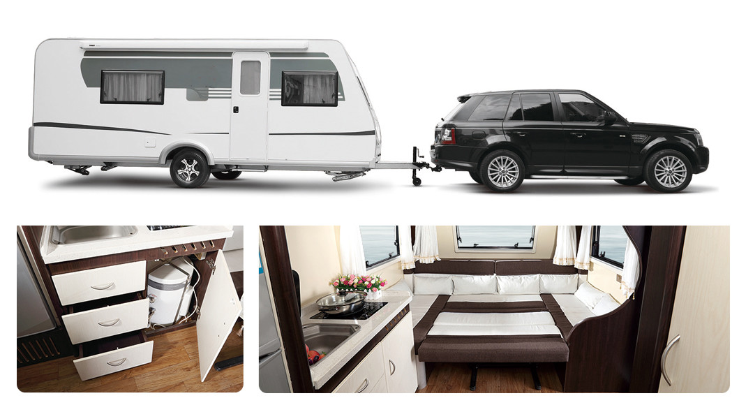 EPA Standard Camper Caravan Trailer With Rear Cooking Cabin Refrigerator