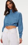 Zip front crop sweater long sleeves blue