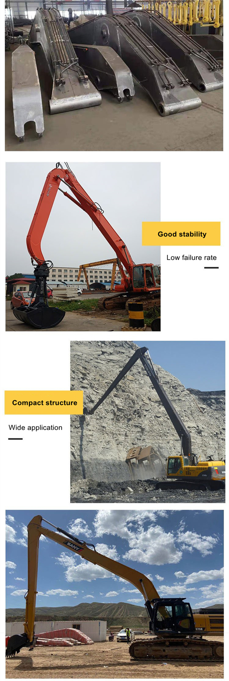 Customize all kinds standard arm two-section boom arm excavator long reach boom Manufacturers