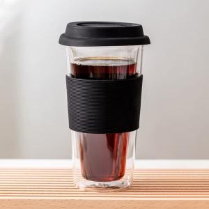 China 14oz Heat Resistant Double Wall Glass Tumblers 400ml With Silicone Lid And Sleeve factory