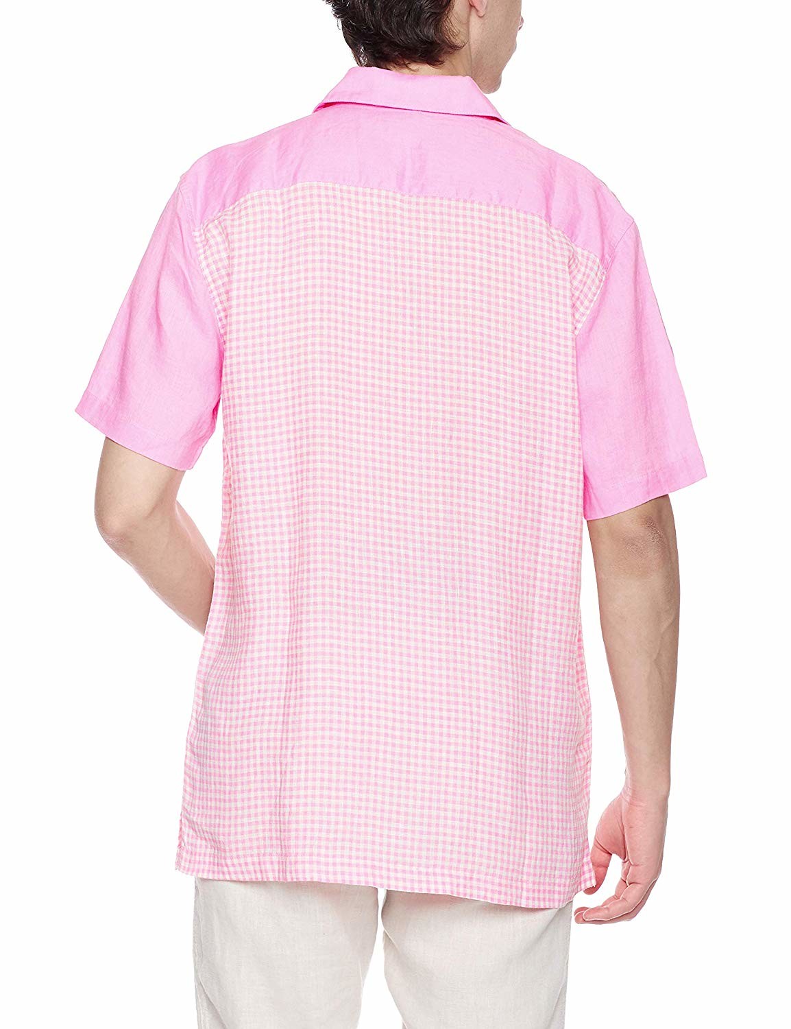 100% Linen Camp Collar Business Mens Casual Short Sleeve Shirts Contrast Check Pattern