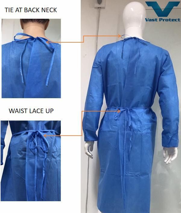 En13795 Disposable SMS Strong Anti-Mildew and Anti-Bacterial Fluid Resistant Isolation Gown