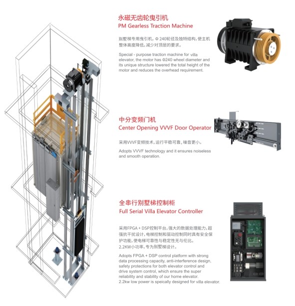 320 / 400Kg Home Passenger Lifts , Energy Saving Elevators For Villas Speed 0.4 M/s