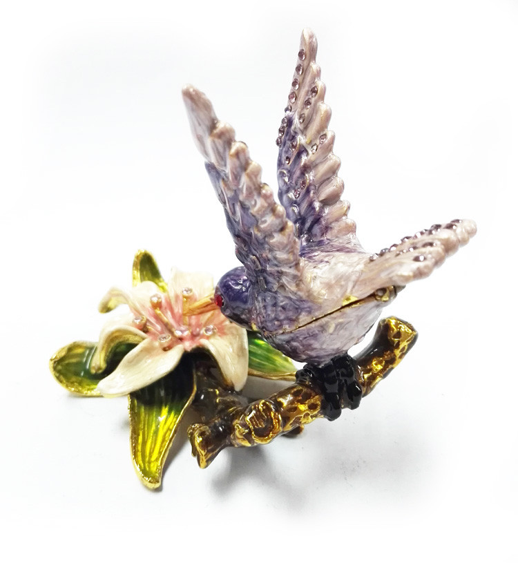 Custom pewter cute bird shape jewelry boxes colorful printed bird hummer jewelry boxes