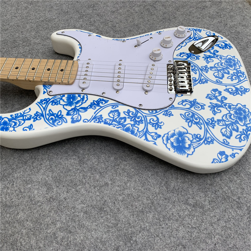 High Quality blue and white porcelain electric guitar white guitar birthday present free shipping