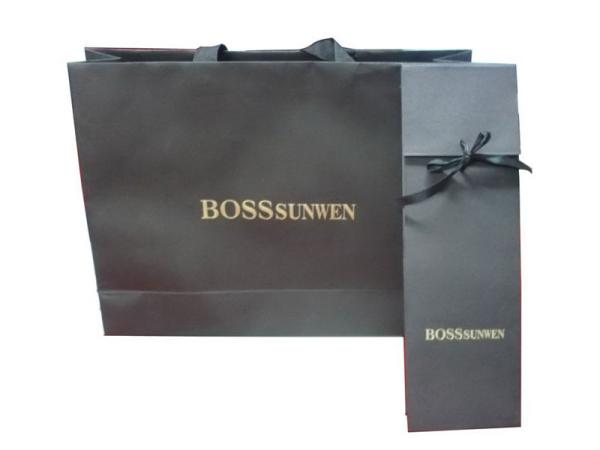 Promotional Bosssunwei Black Special Paper Carrier Bag With Press Gold Lings,