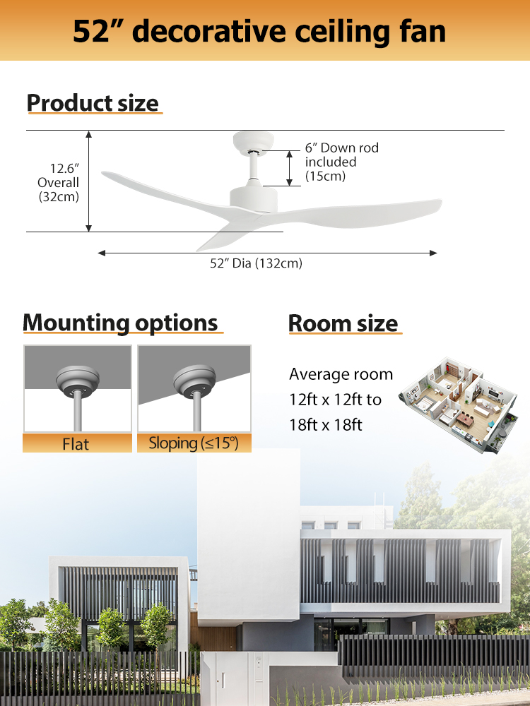 52 Inch White Blades Adjustable Wind Speed Remote Control Ceiling Fan for Living Room