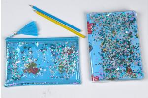 China Clear Sewing PVC Cosmetic Bag Blue Star Glitter Plastic Makeup Pouch With Confetti factory