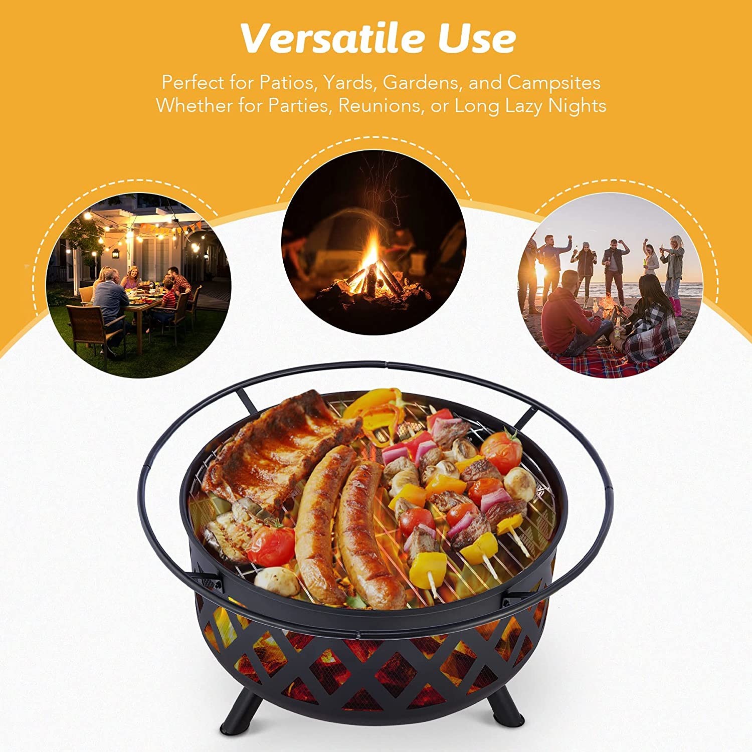 Round Portable Wood Burning Fire Pit Camping Bonfire With BBQ Grill