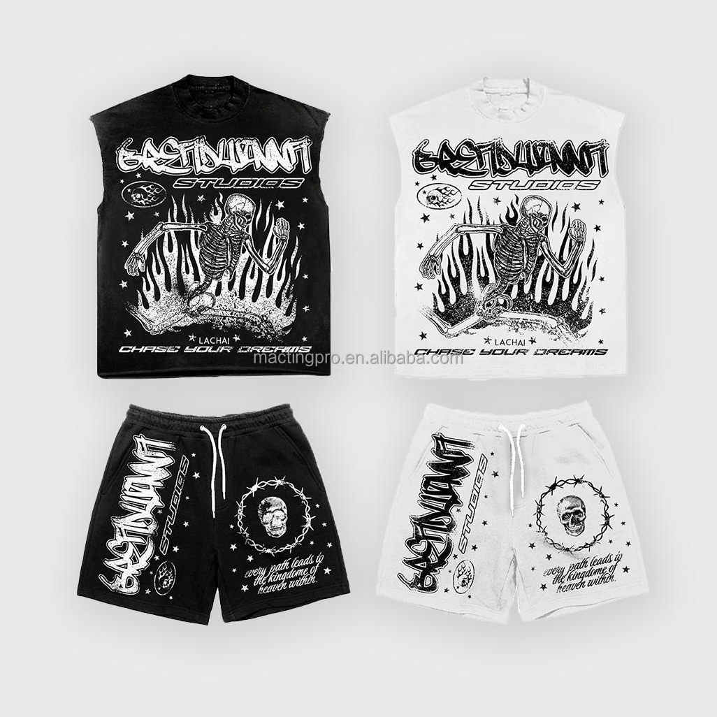 2024 Summer Jogging Acid Wash Distressed Sleeveless Raw Hem 2 Piece Tshirt Shorts Set