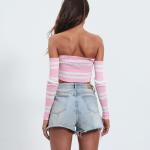 One Word Shoulder Women Crop Top Long Sleeve T Shirt