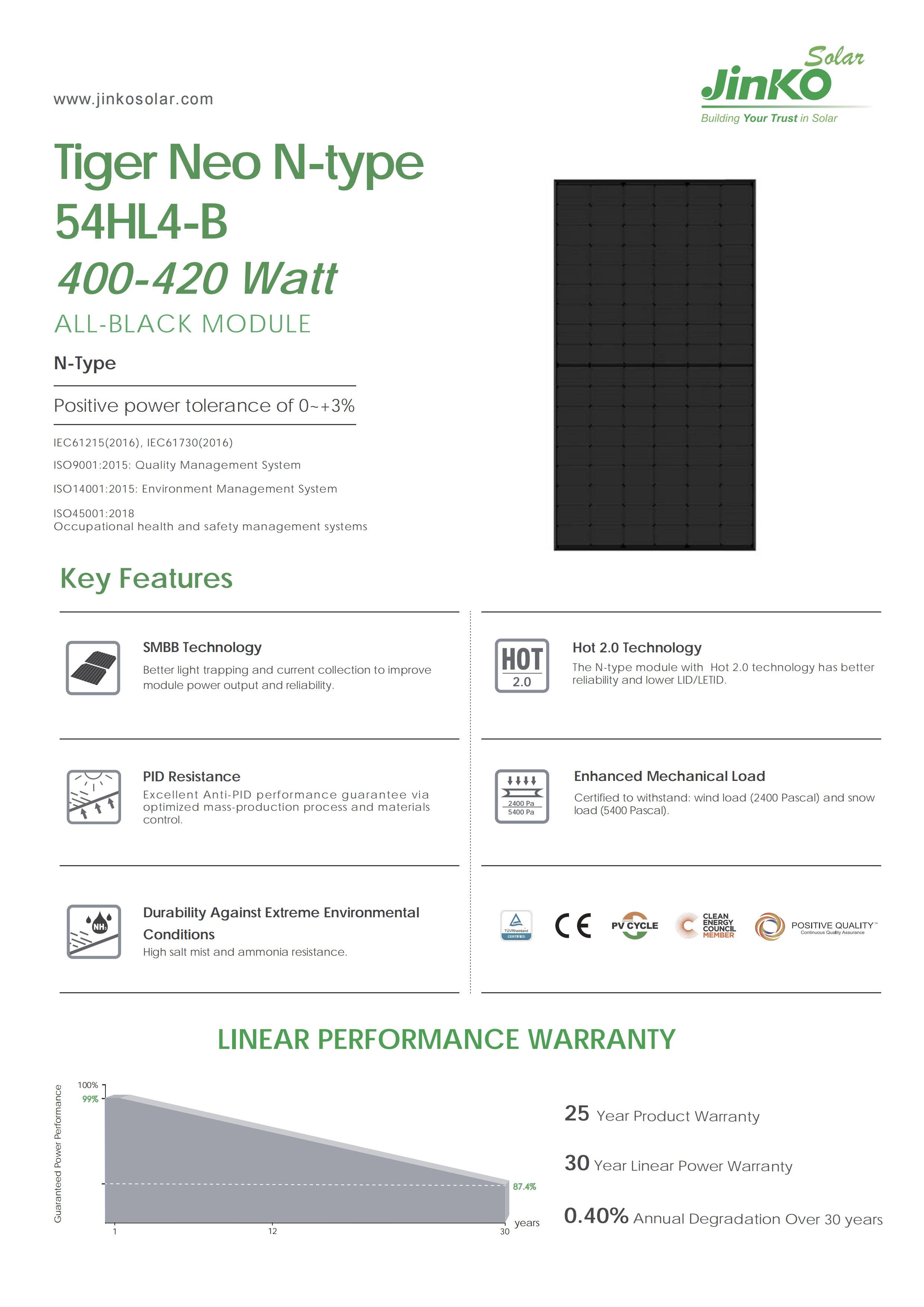 Jinko Tiger Neo N-Type 54HL4-B Solar Panel 405W 410W 415W 420W Jinko Solar 400W