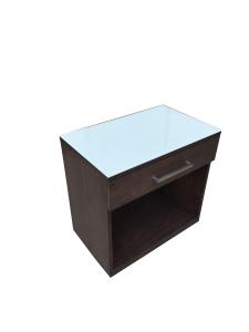 China White back painted tempered glass top walnut wood veneer 1-drawer night stand for hotel bedroom,hospitality casegoods factory