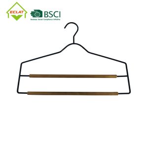 China 2 Layers Trouser Solid Wood Hangers , Metal Wooden Pant Hanger With Locking Bar factory