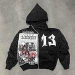 Men'S Cotton French Terry Hoodie Cropped Zip With Acid Wash Embroidery Applique