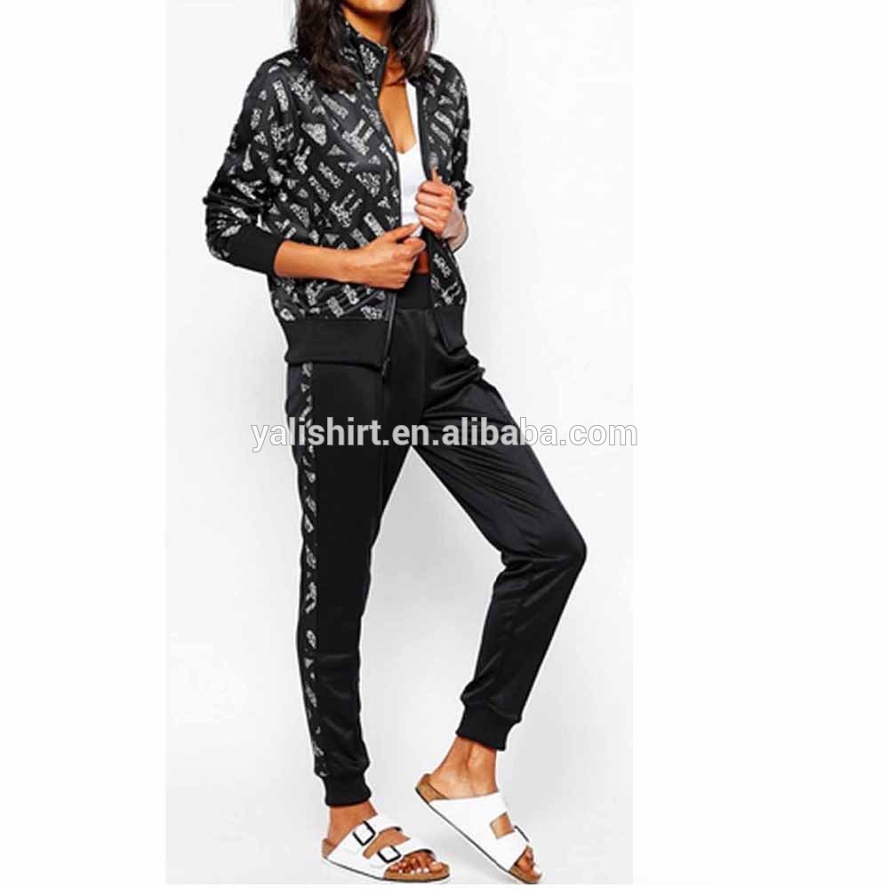 Hot sale sportswear low price stylish smooth 100%polyester print design slim fit women tracksuit set