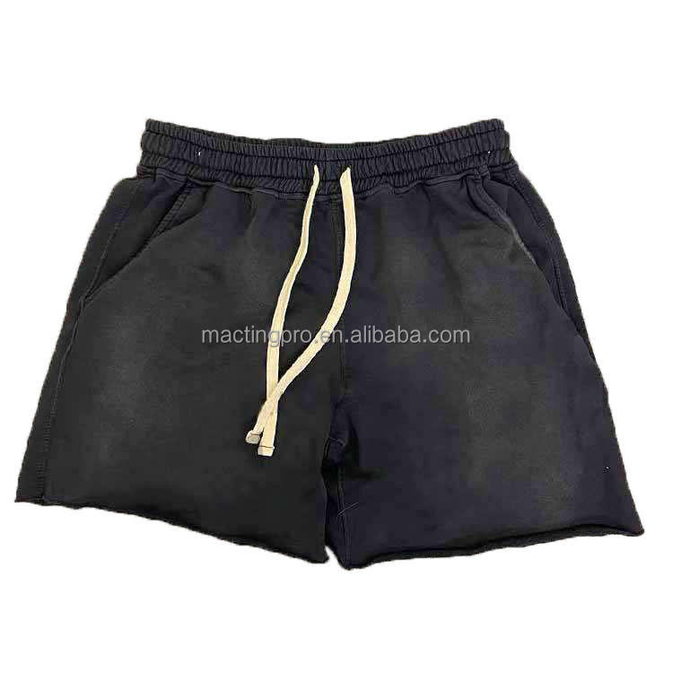 Black Boyfriend Vintage Acid Wash Shorts Raw Edge Heavy Cotton French Terry Fleece Sweat Shorts Men'S Run