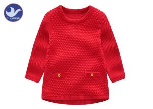 China Plain Color Girls Knitted Dress Crew Neck Long Sleeves With Fake Pockets factory