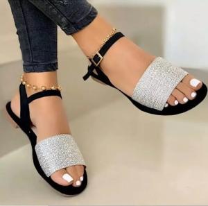 China Elegant Ladies Open Toe Flat Sandals With Buckle Closure Comfortable factory