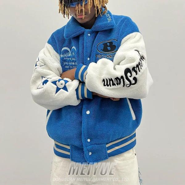 Custom Logo Sherpa Varsity Jacket Button Up Wool Fleece Bomber Jacket Mens