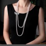 White 8mm Shell Pearl Double Strands Sweater Necklace with Cubic Zirocnia Swan