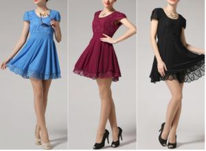 China Ruffled style Solid color Scoop neck Lace short sleeves Slimming Burnt-out dress for Women factory