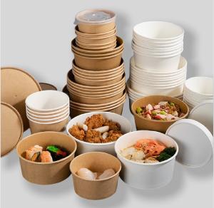 China Disposable Paper Cups Round Food Container Biodegradable Take Away Fast Food Kraft Paper Salad Bowl With Lids factory
