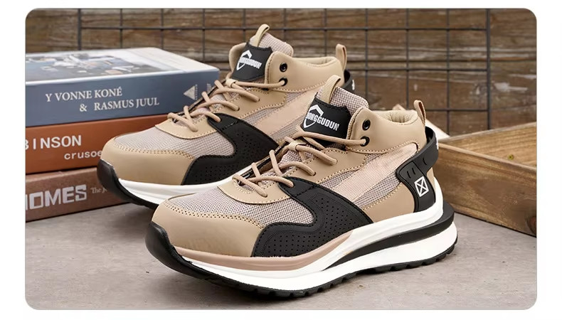 Steel Toe Mid-cut Pigskin And Flying Knit Safety Boots For OEM Security Work